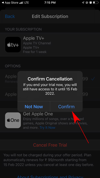 confirm canceling apple TV+ subscription on iPhone