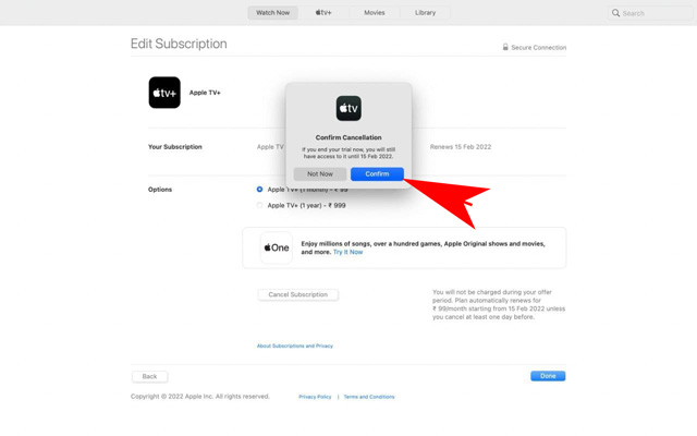 Confirm cancelling apple tv+ subscription on mac