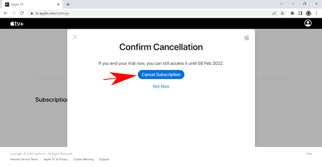 confirm canceling apple TV+ subscription on a web browser