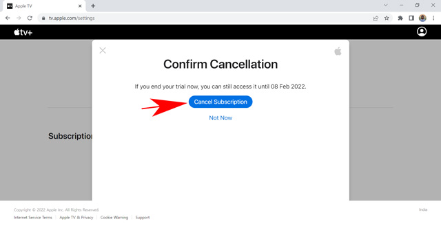 confirm canceling apple TV+ subscription on a web browser
