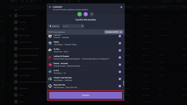 confirm tracklist to transfer Spotify playlists