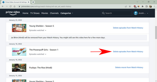delete movie or tv show from watching list on amazon prime video
