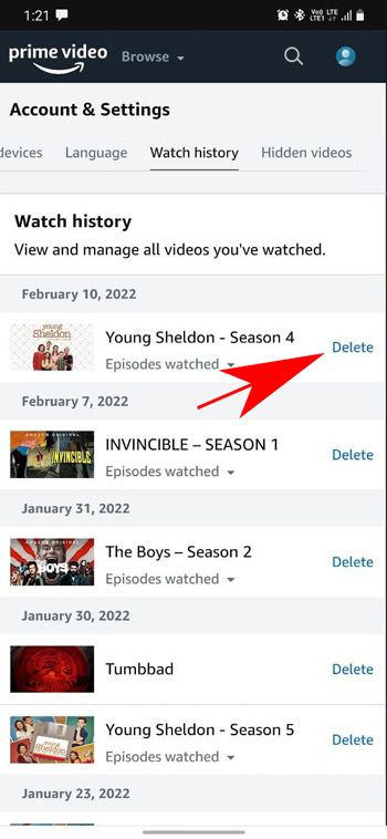 delete tv show/movie from prime video using smartphone