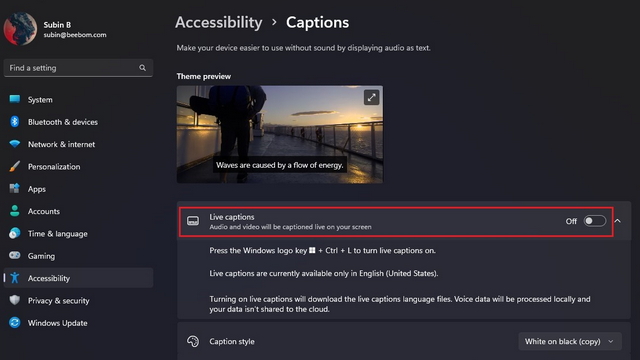 enable live captions windows 11