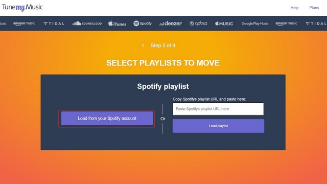 Load Spotify playlists from your Spotify account to transfer