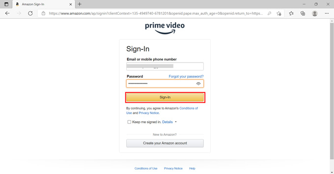 add log in credentials on prime video website