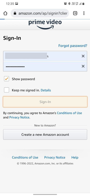 add prime video login credentials using mobile application