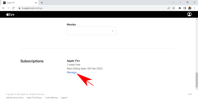 manage apple TV+ subscription option on a web browser