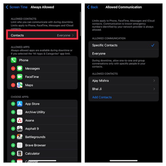 manage contacts for screen time iOS