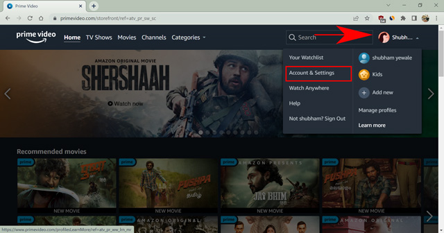 open prime video account settings on browser