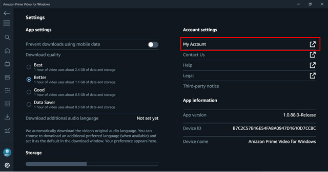 open account settings using prime video windows app