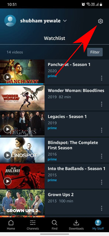 open settings in prime video smartphone application