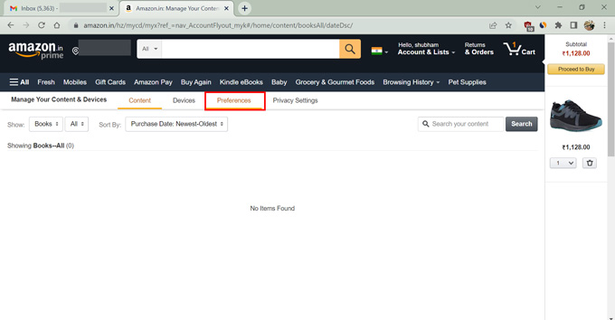 preferences in Amazon account settings