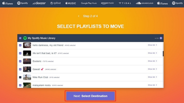 select to transfer Spotify playlists