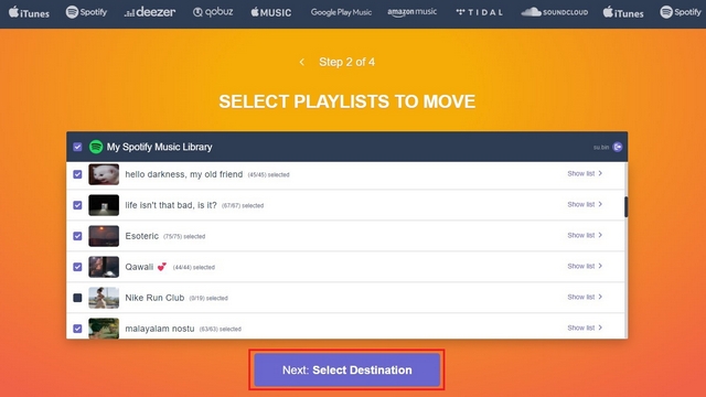 Sélectionnez Pour Transférer Les Listes De Lecture Spotify