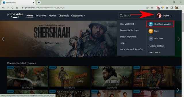 select profile on amazon prime video on web browser