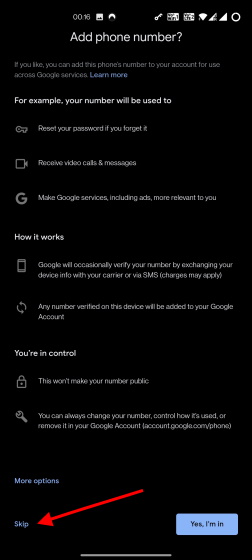 skip adding phone number to google account