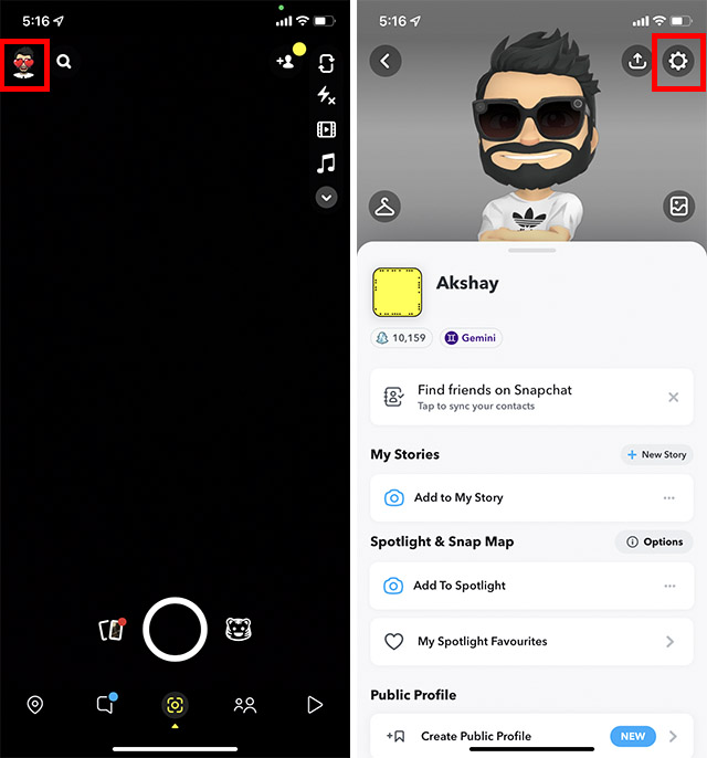 configurações do snapchat iphone