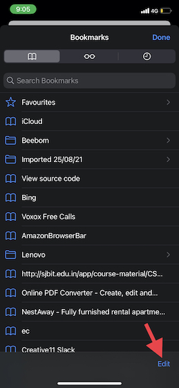 tap Edit in Safari bookmarks settings