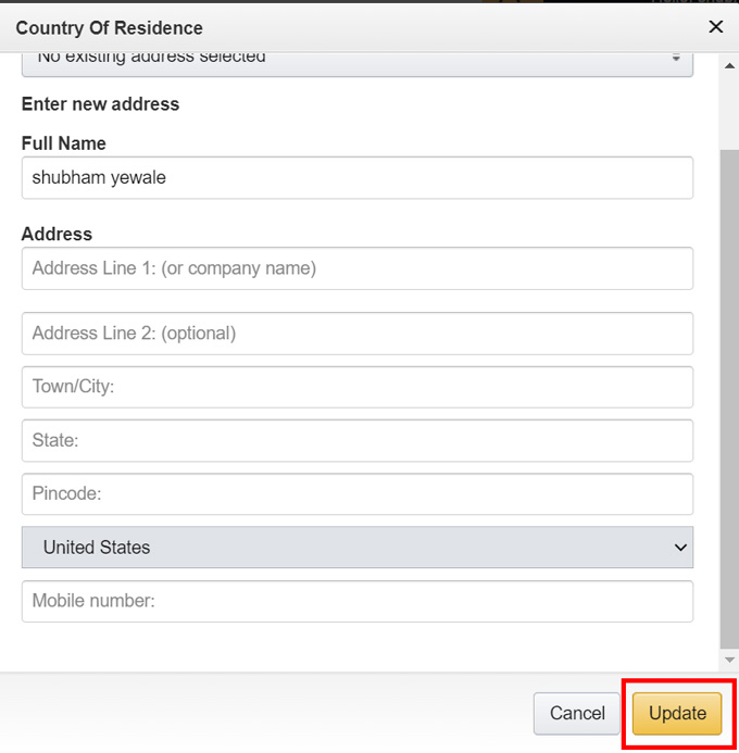 update the address to another country in amazon account