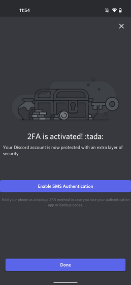 Discord Two-Factor Authentication activation confirmation