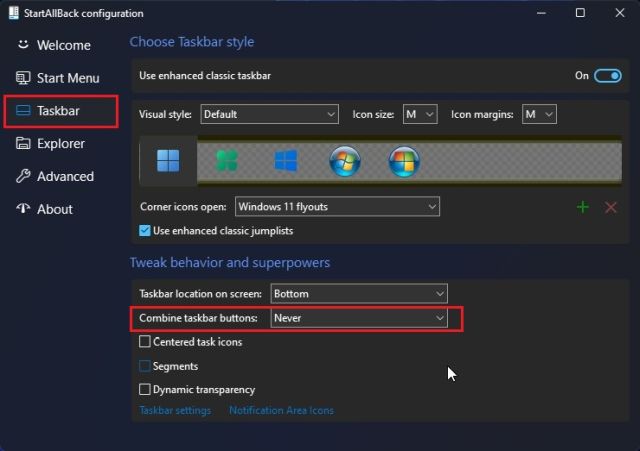 Ungroup Windows 11 Taskbar Icons With StartAllBack