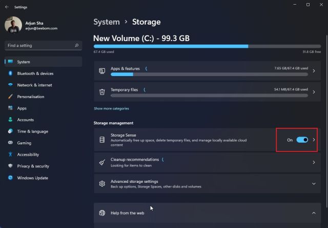 storage sense clear cache