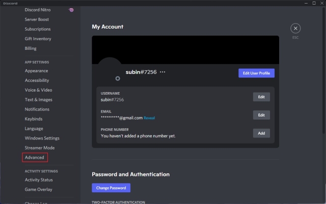 Advanced settings discord