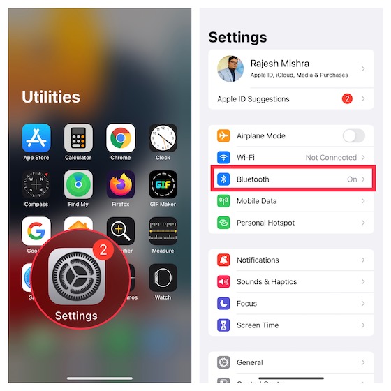 Bluetooth settings on iPhone 