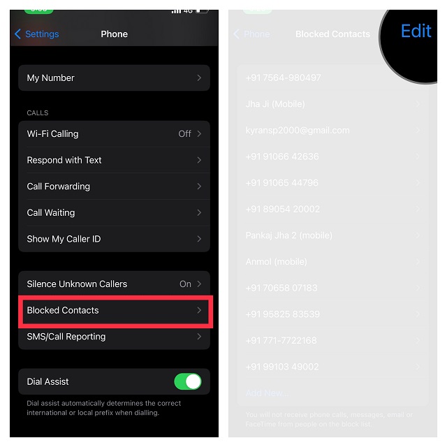 Choose Blocked Contact and tap edit