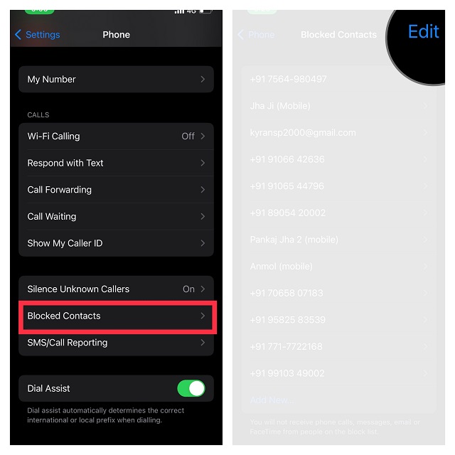 Wählen Sie Blockierter Kontakt Und Tippen Sie Auf Bearbeiten