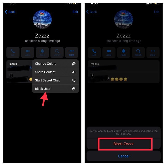 Choose block and confirm the action