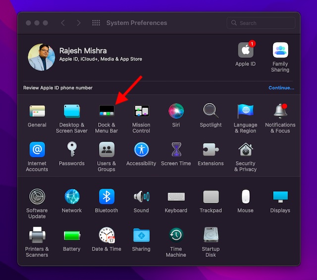 Click the Dock and Menu Bar preference on macOS
