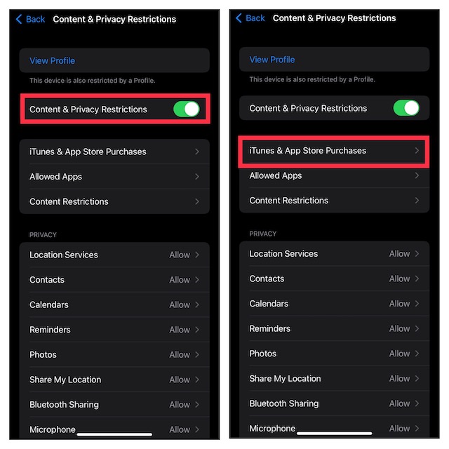 Content and privacy setting in Screen Time iOS
