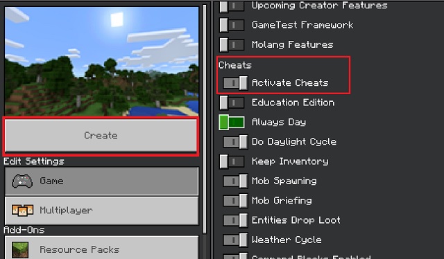 Create cheats enabled world in Minecraft Bedrock
