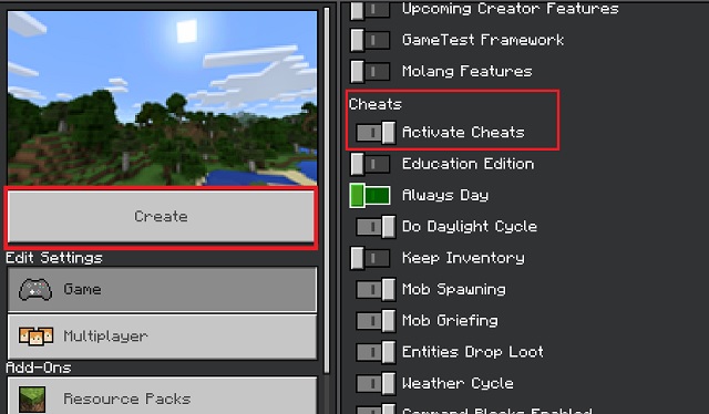 Create cheats enabled world in Minecraft Bedrock
