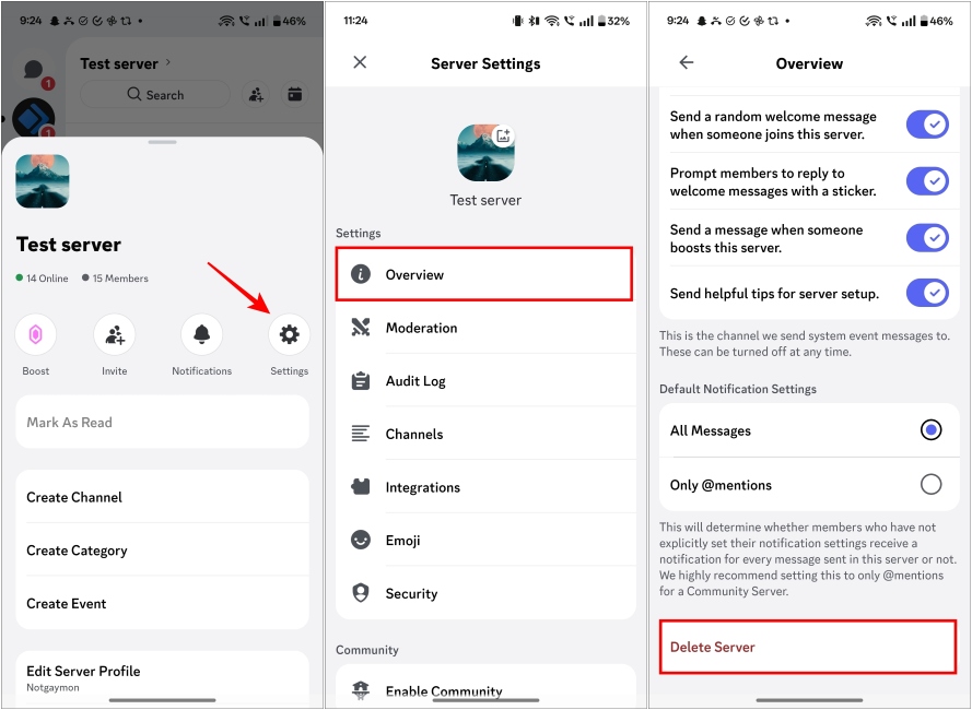Delete Discord Server on Mobile App
