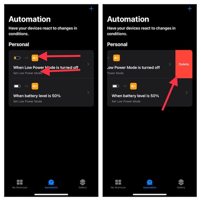 Delete automation in Shortcuts app on iOS