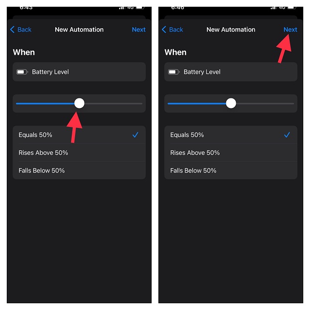Drag the slider to change battery percent and tap Next