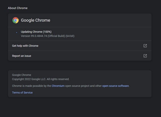 google chrome updated to version 99.0.4844.74