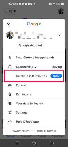 delete last 15 minutes option in google search on android