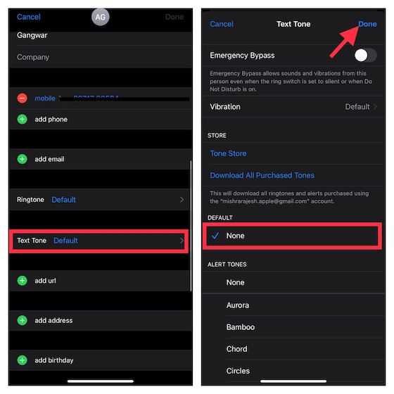 Mute a person in Contacts app on iOS