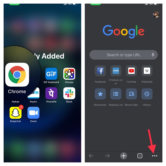 Open Chrome and Tap on More Button