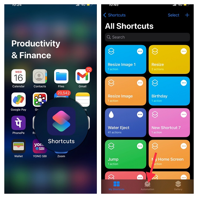 Open Shortcut App and tab Automation tab
