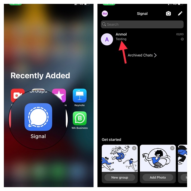 Open Signal and tap on contact