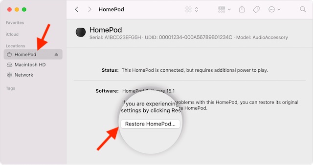 Restore your HomePod using computer