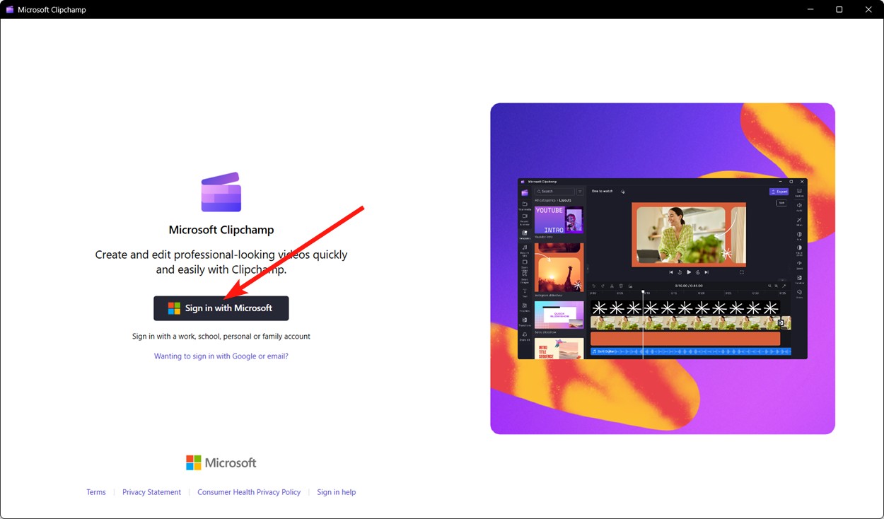 Sign in with Microsoft account Clipchamp