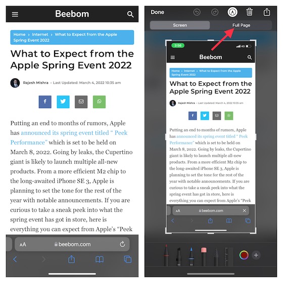 Take a scrolling screenshot on iPhone