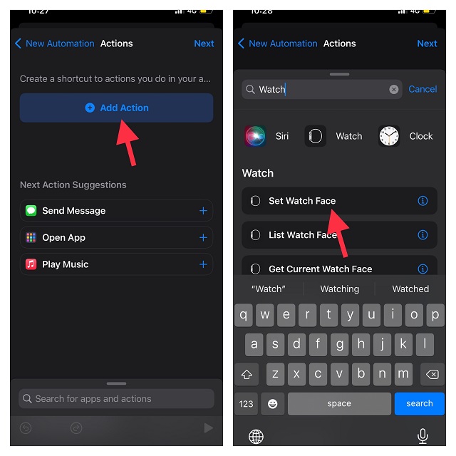 Tap Add Action And Choose Set Watch Face