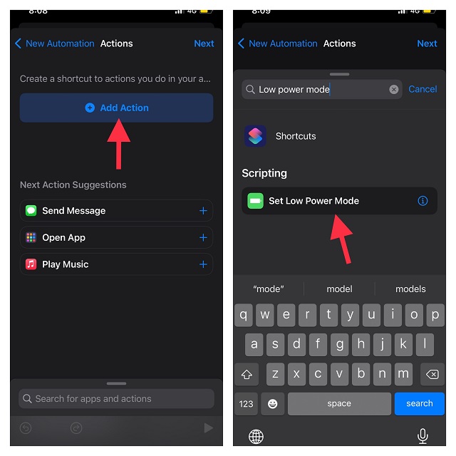 Tap Add Action and choose low power mode